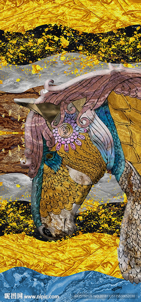 金色方块抽象艺术马头装饰画