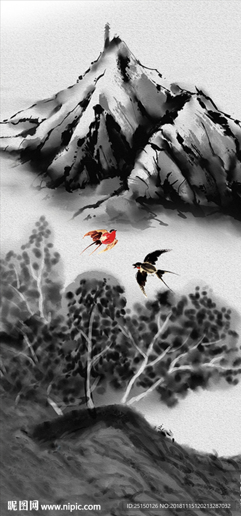 中式水墨山水飞鸟抽象装饰画