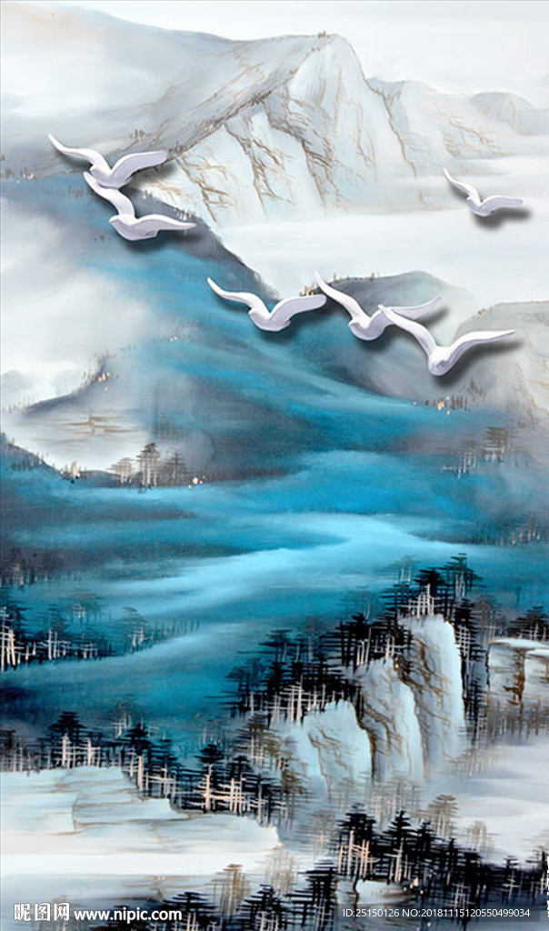 中式水彩抽象山水装饰画