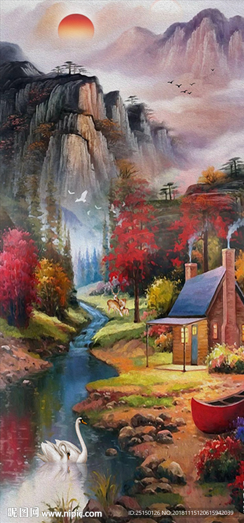 油画山水画天鹅房子装饰画