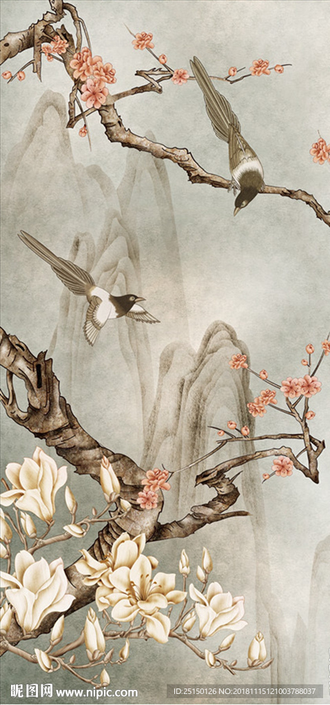 中式手绘花草小鸟装饰画