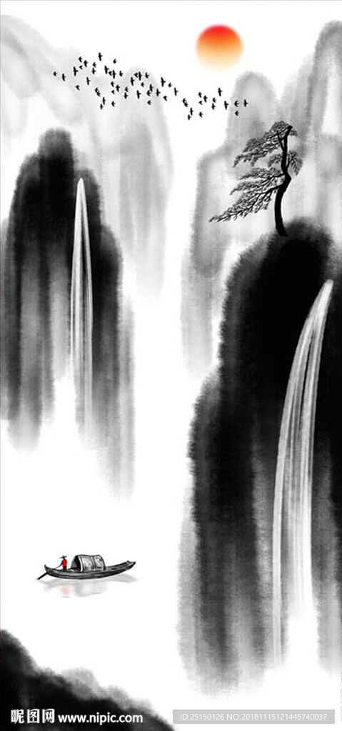 中式流水生财写意山水画装饰画