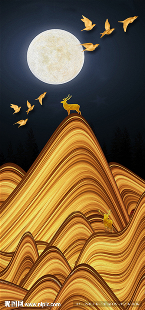 金色鸟儿抽象山水麋鹿装饰画