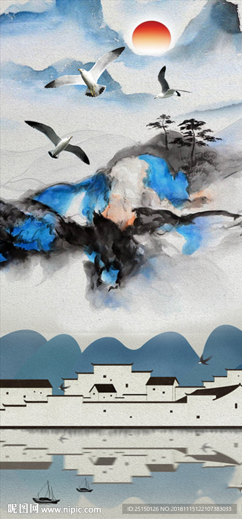 中式抽象水墨江南山水装饰画