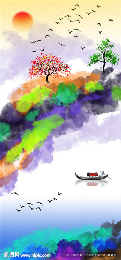 新中式彩色抽象山水画装饰画