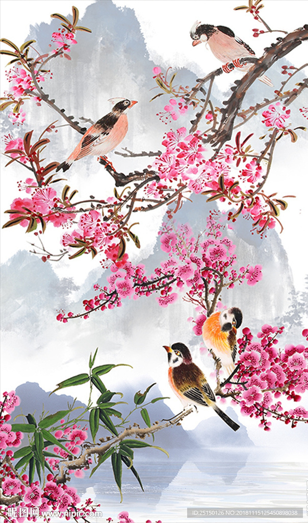 粉色花卉小鸟装饰画
