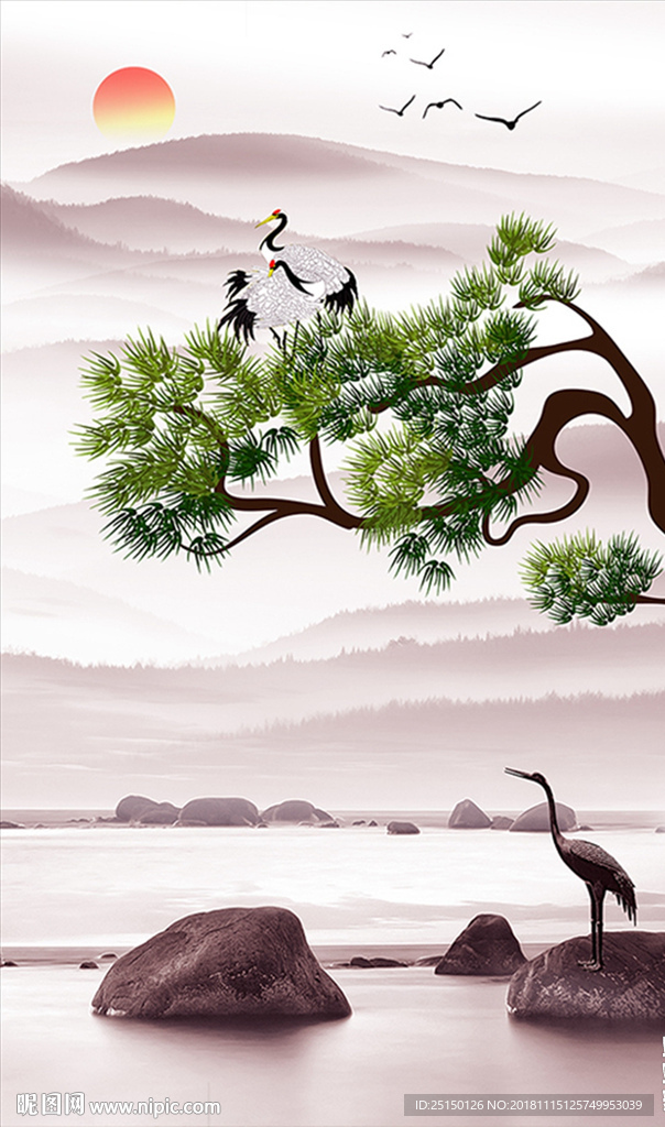 大海石头白鹤山装饰画