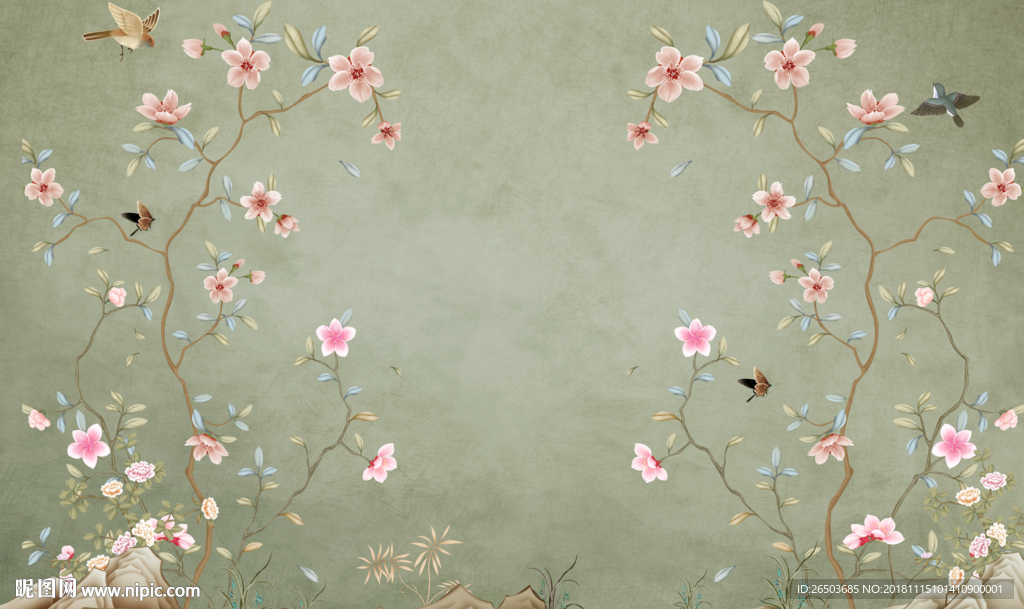 牡丹花鸟图背景墙