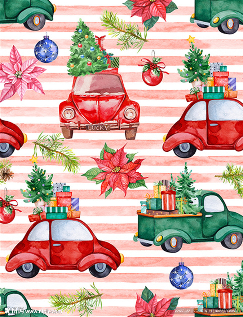 手绘圣诞汽车礼物圣诞树印花图案