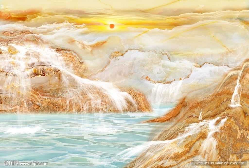 大理石纹山水画电视背景墙