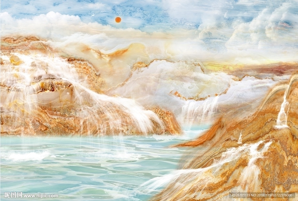 大理石纹山水画电视背景墙