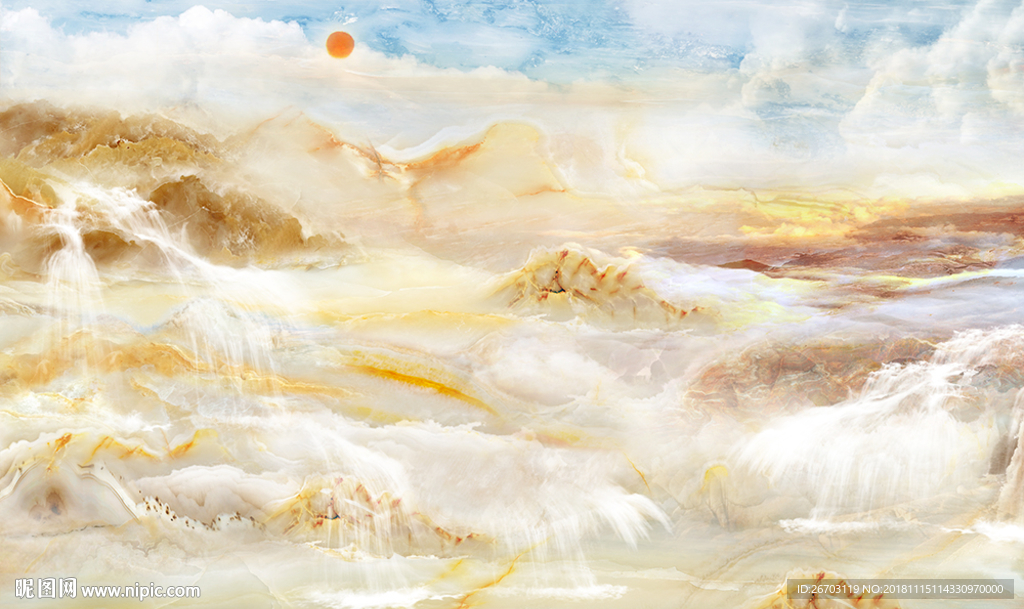 大理石纹山水画电视背景墙