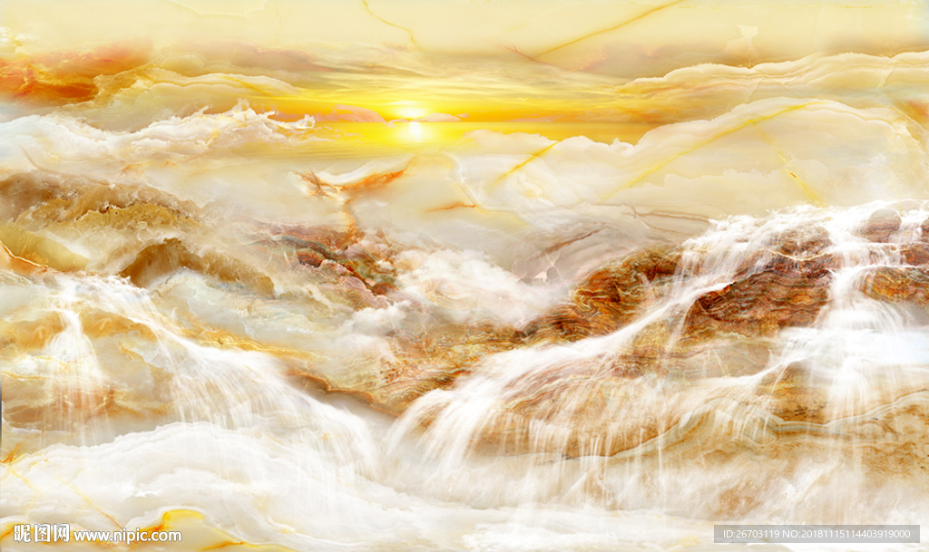 大理石纹山水画旭日东升背景墙