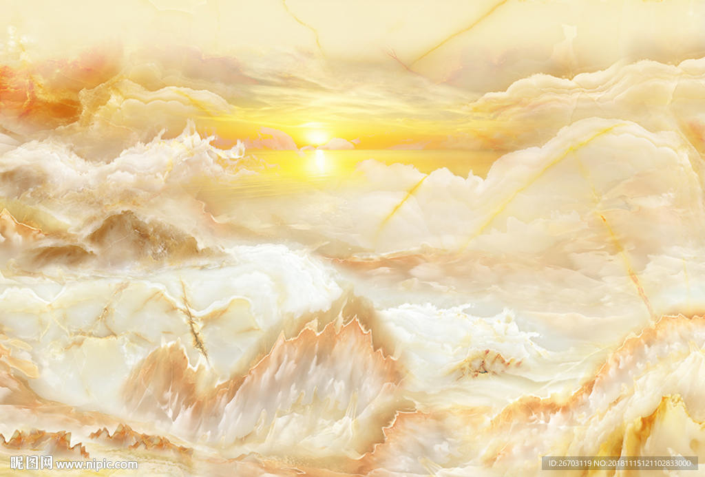 大理石纹山水画旭日东升背景墙