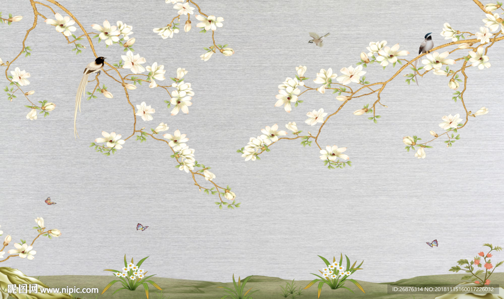 新中式简约玉兰花鸟竹子电视背景