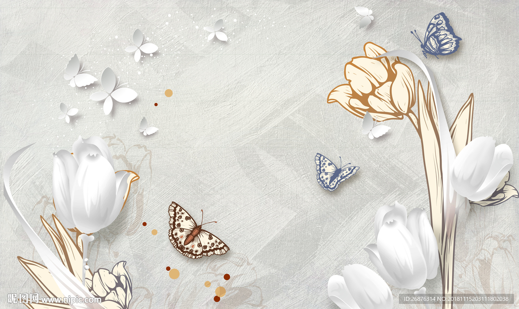 复古油画立体百合花卉背景墙