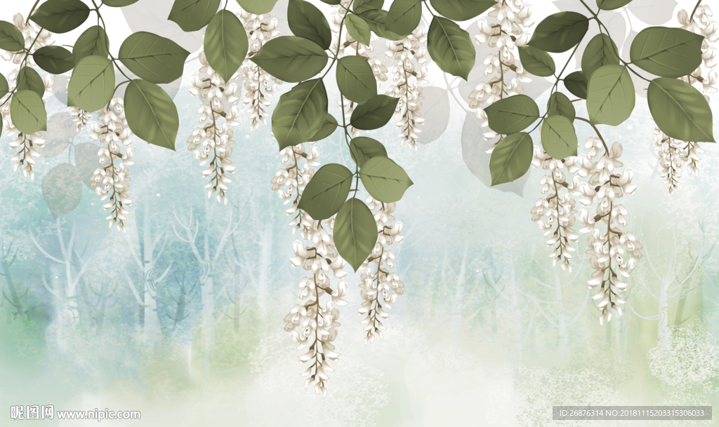 北欧简约森林花藤背景壁画