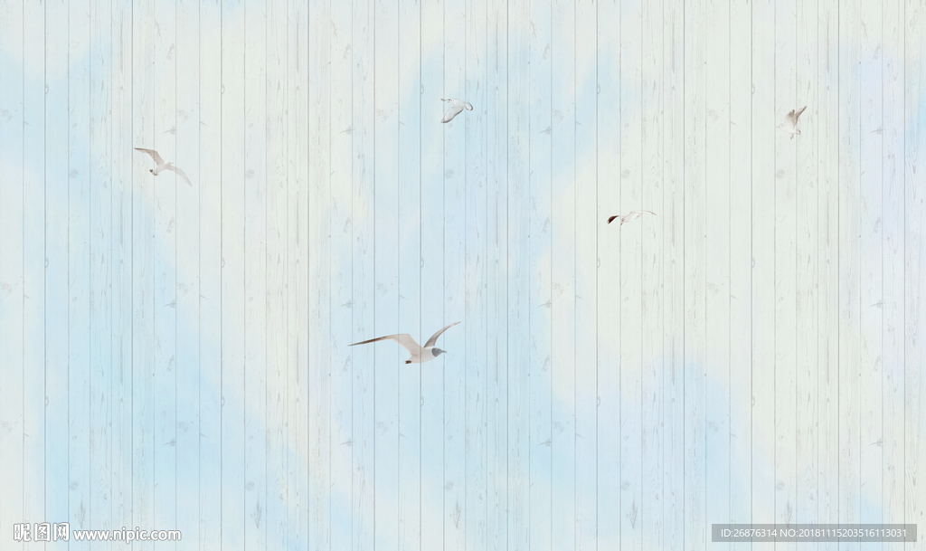 手绘地中海海鸥木纹背景墙装饰画