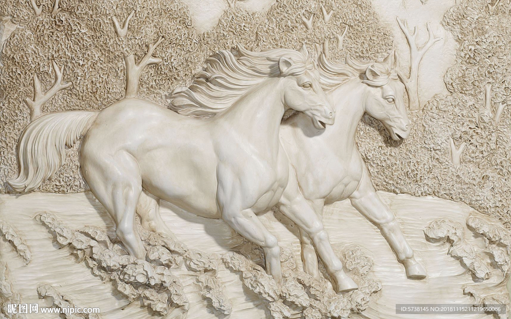 石雕树林马中式玄关屏风创意背景