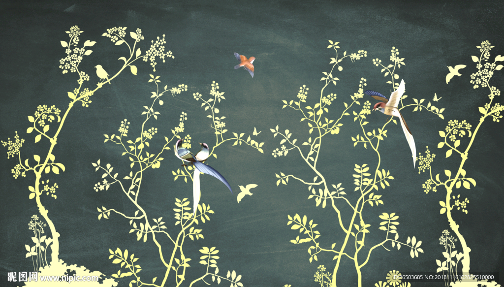 新款花鸟图背景墙
