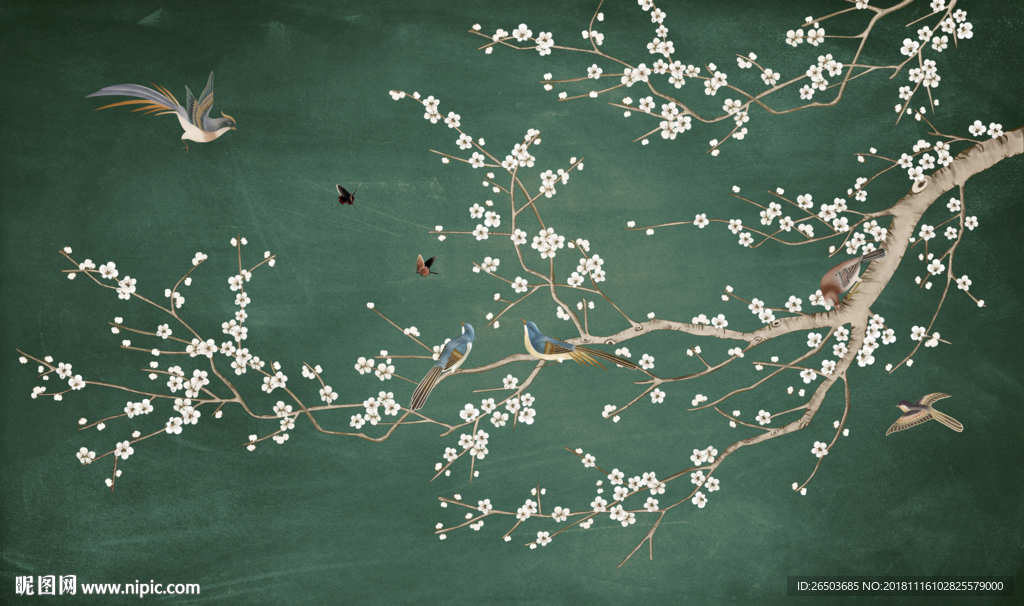 绿色花鸟背景墙