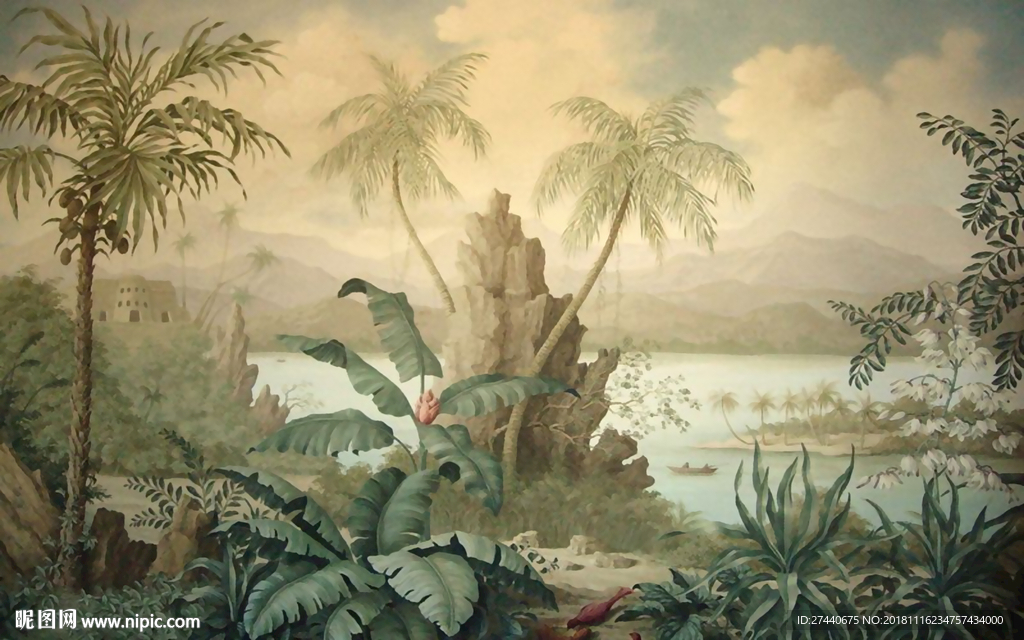 欧式中世纪手绘植物椰树西洋画