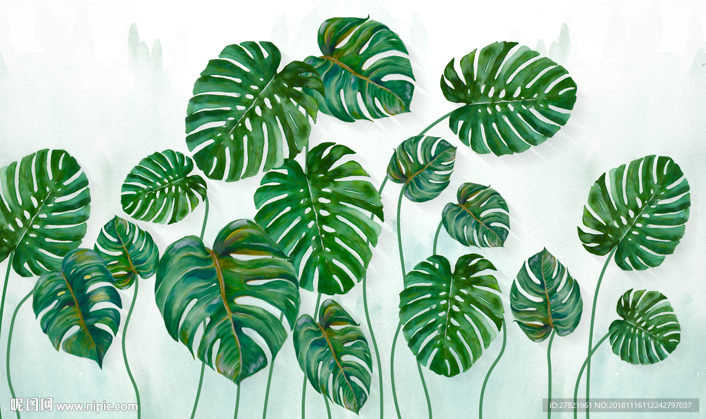 简约绿色叶子水彩风格背景墙