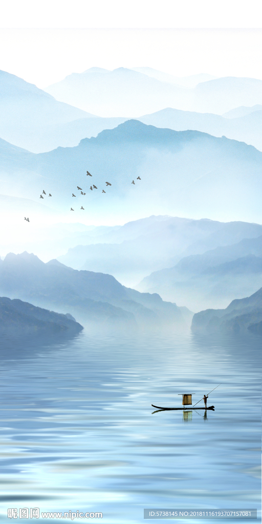 蓝色水墨山水玄关屏风背景底纹创