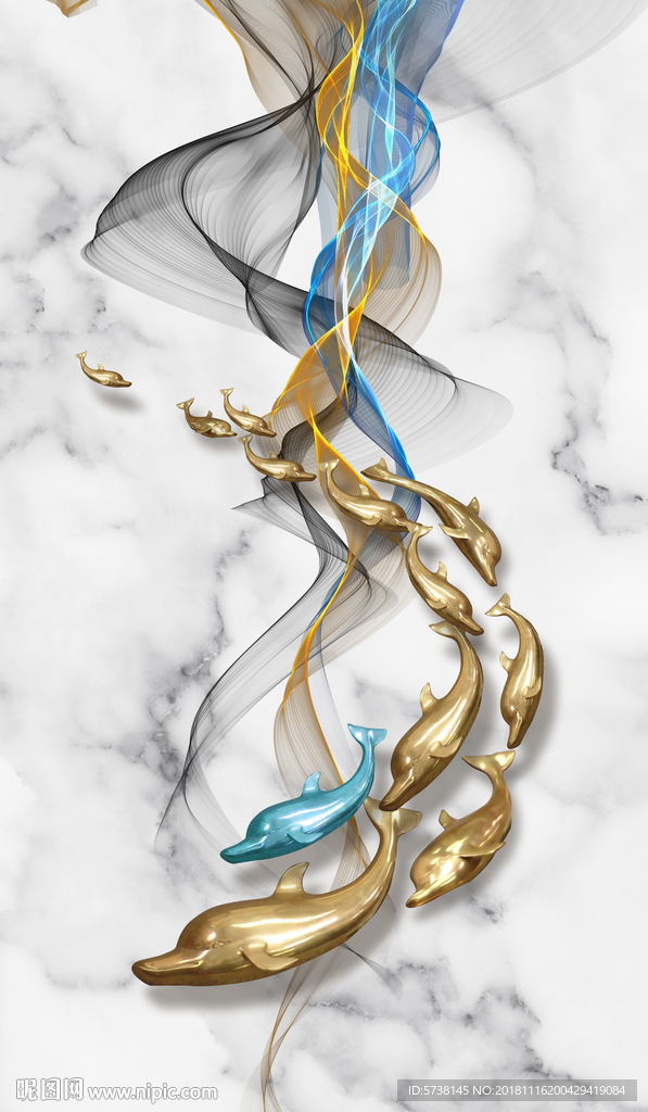 新中式线条大理石创意海豚玄关屏