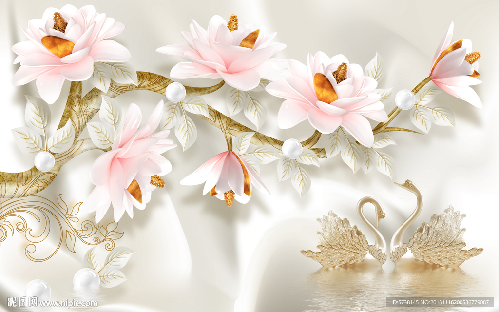 雅致立体花朵天鹅玄关屏风背景底