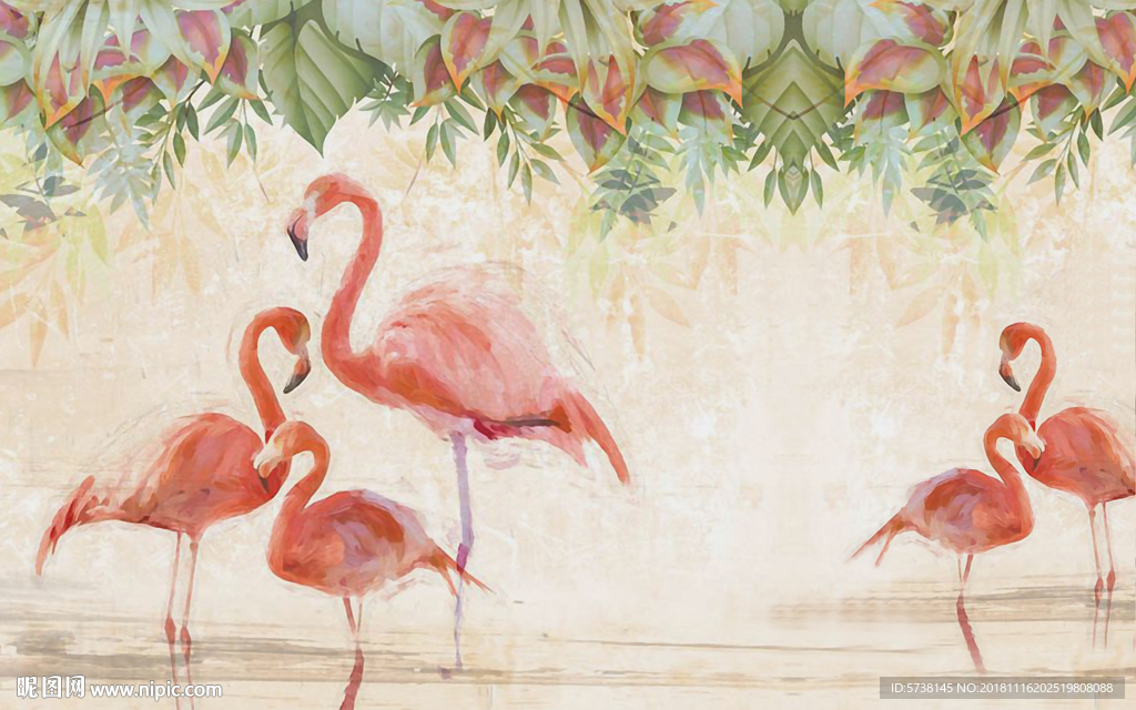 北欧手绘火烈鸟森林唯美玄关屏风