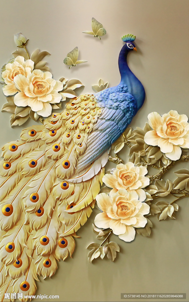 立体孔雀玄关屏风背景底纹素材