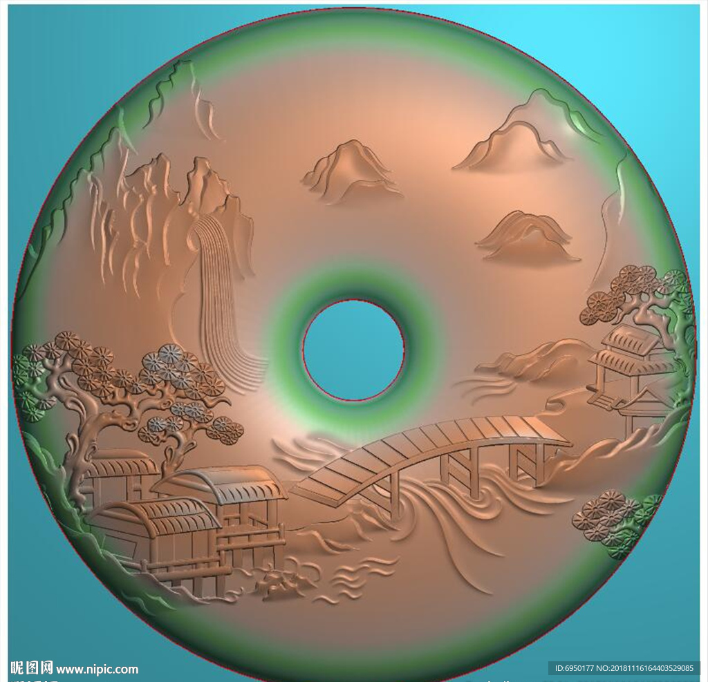 圆行山水松树拱桥平安扣精雕浮雕
