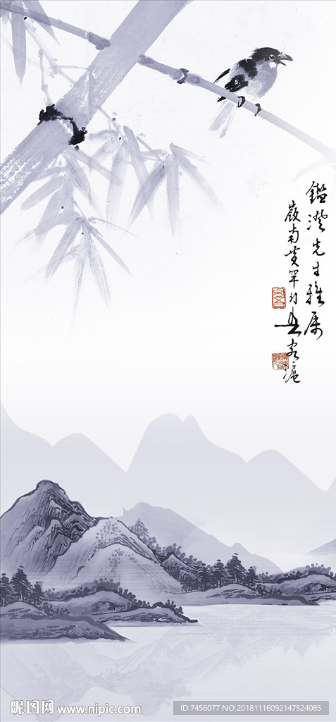水墨风景画竹子飞鸟壁画玄关图