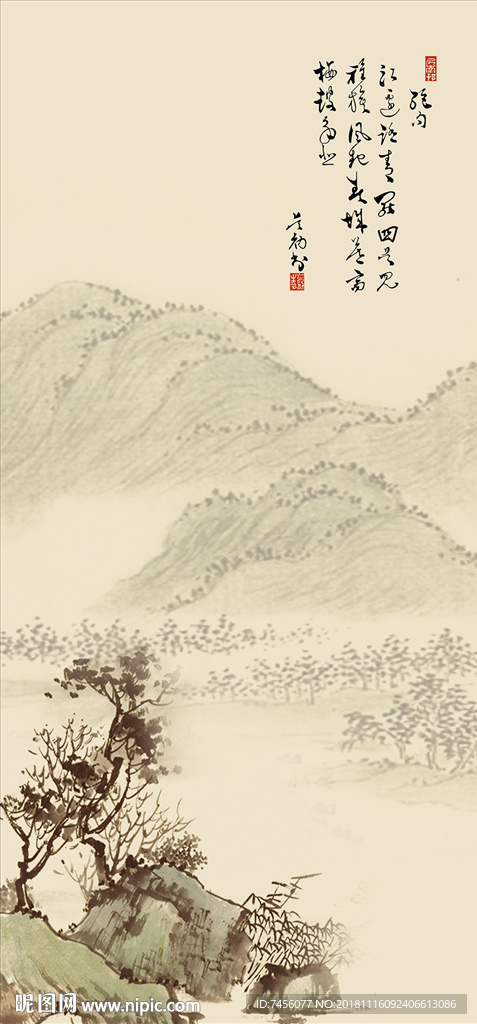 水墨中式风景画玄关过道