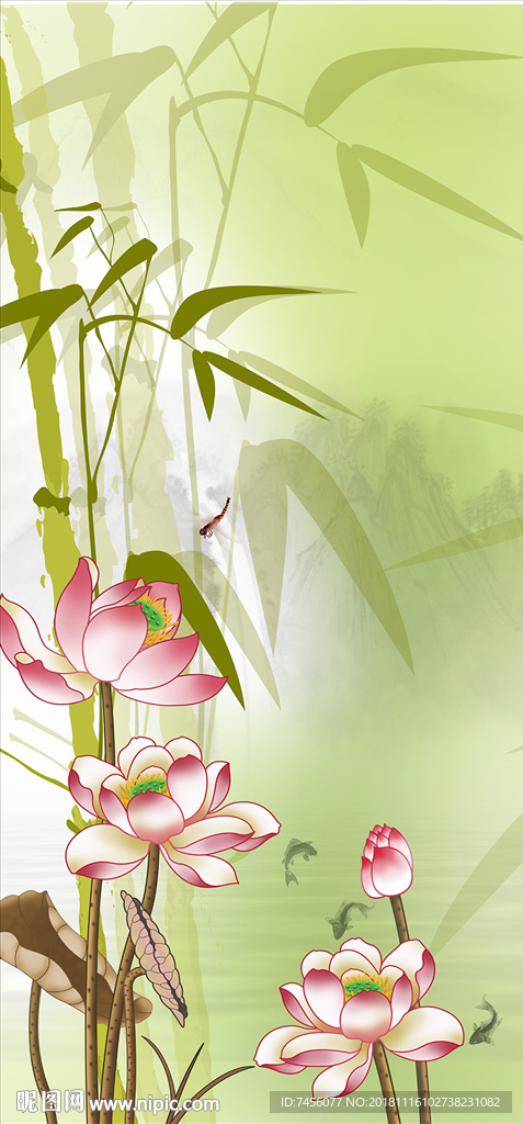 竹林莲花高清玄关过道装饰画