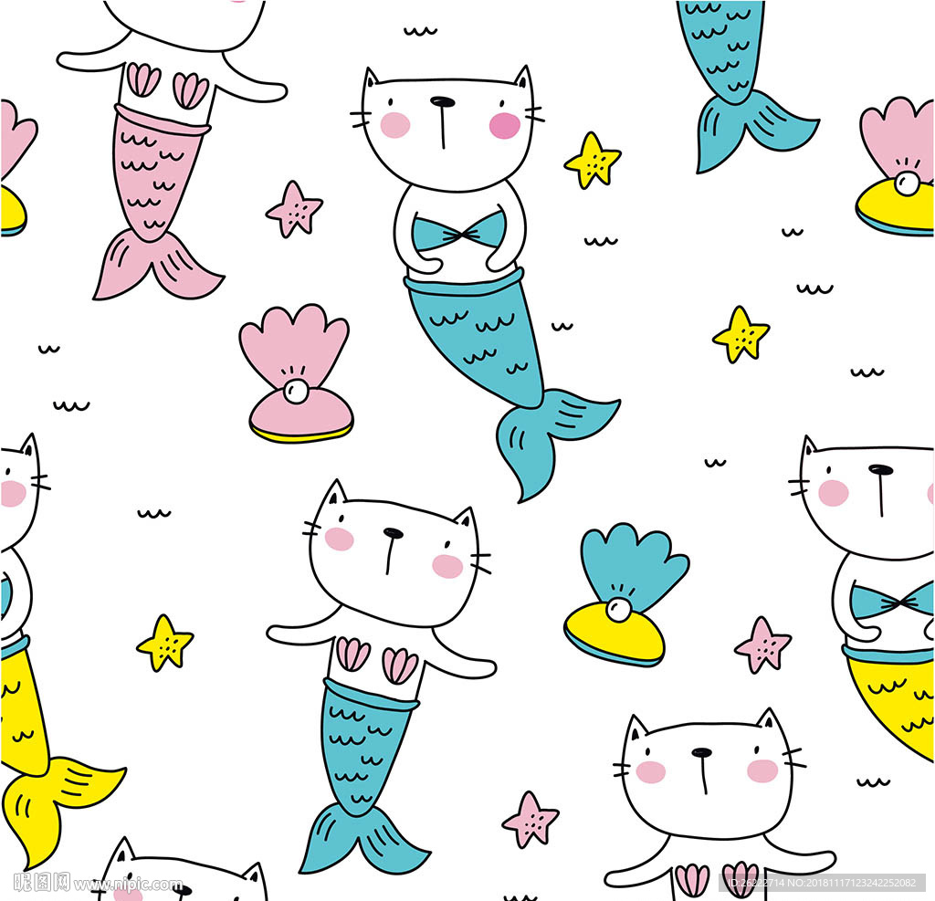 猫咪美人鱼卡通印花图案