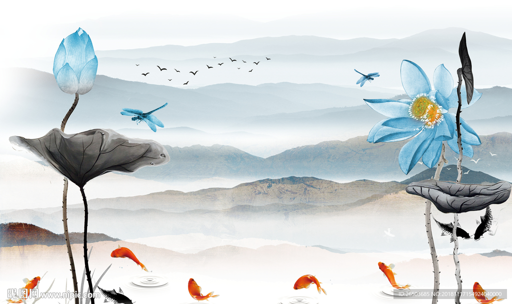 水墨荷花背景墙