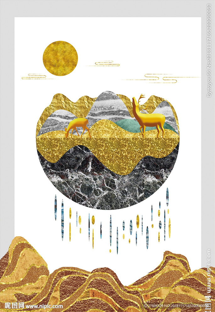 抽象北欧风金色山峦麋鹿装饰画