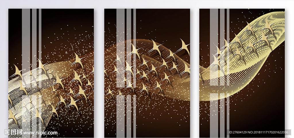 抽象金色线条飞鸟风景装饰画