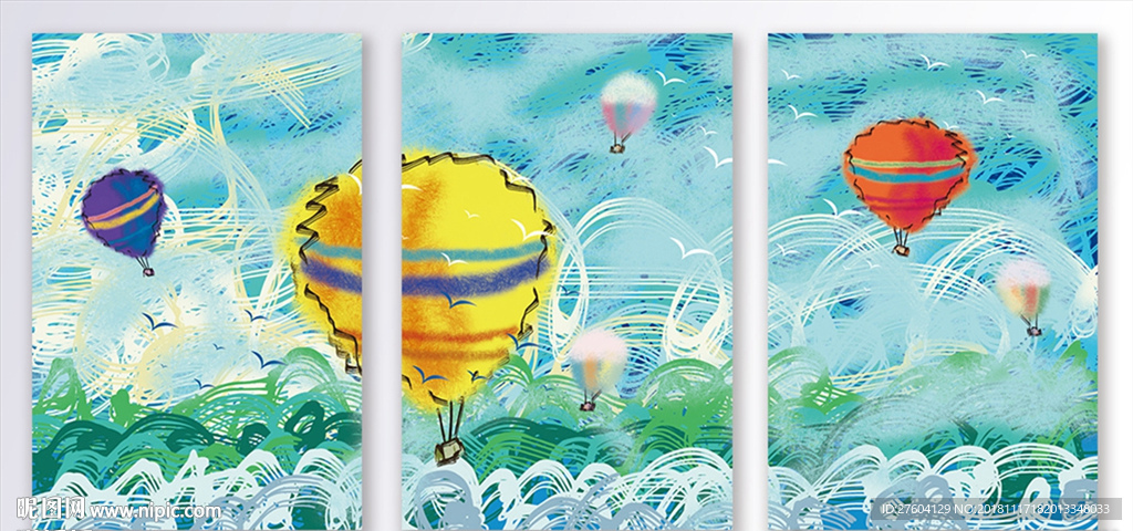 手绘线条热气球天空风景装饰画