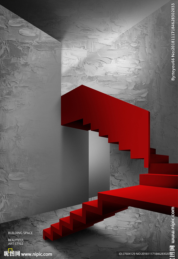 现代建筑空间红色楼梯装饰画