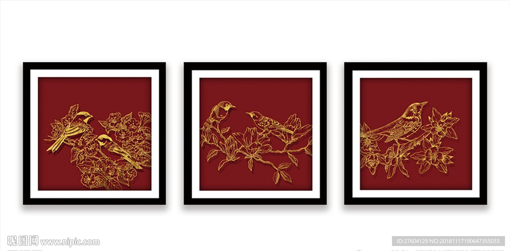 中国风金色花鸟风景装饰画
