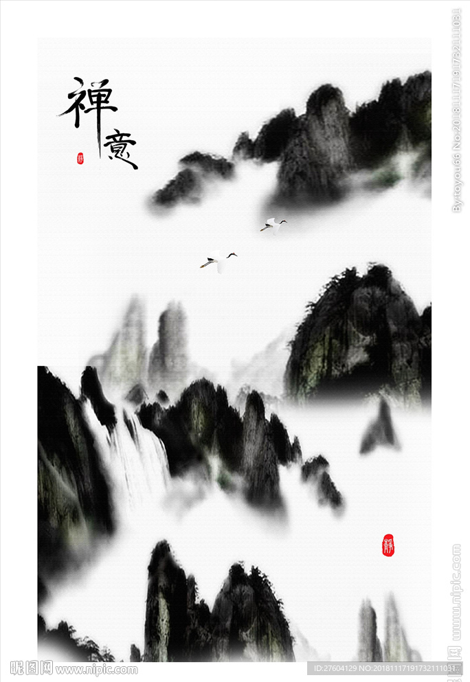 中式意境黑白水墨风景装饰画