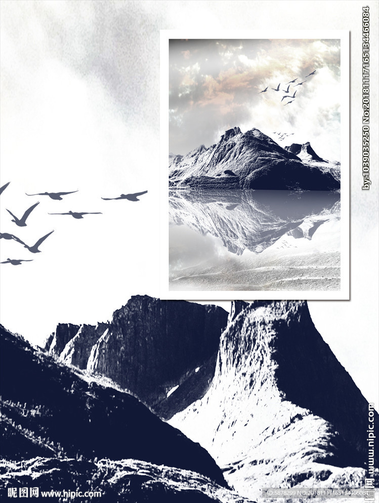 新中式山水倒影家装玄关山水壁画