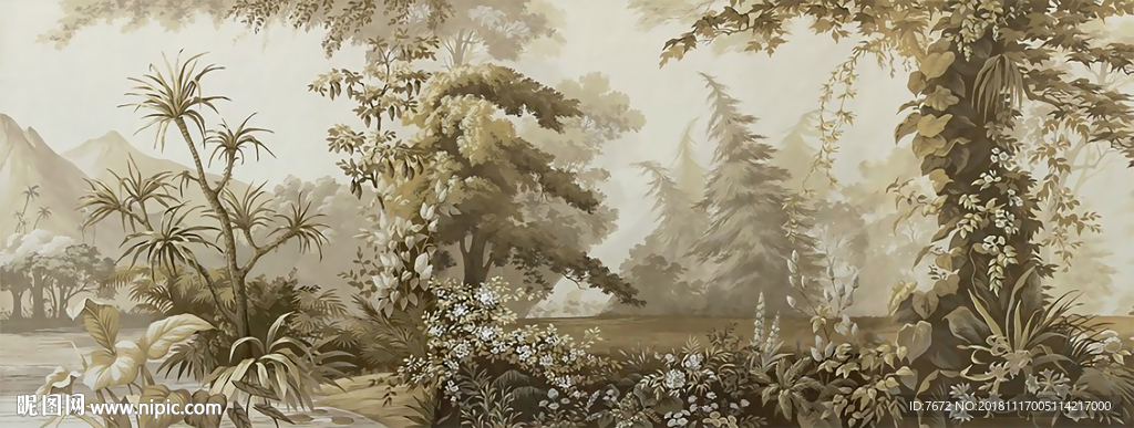 欧式复古森林椰树西洋画风景