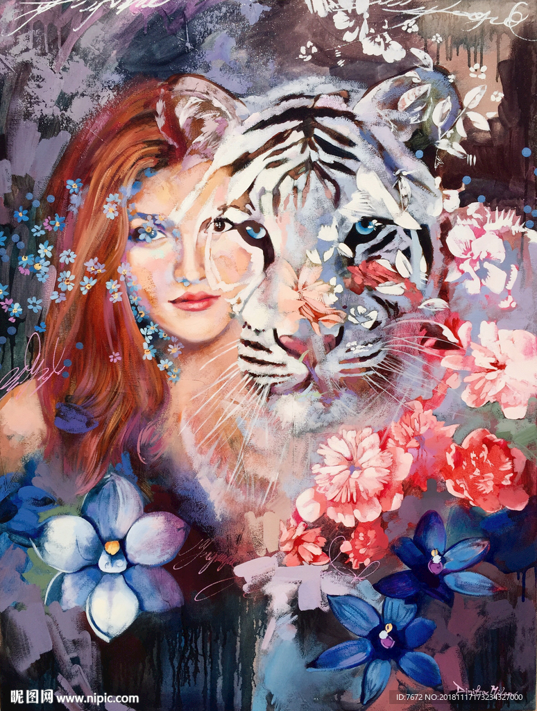 抽象手绘美女与野兽装饰画玄关