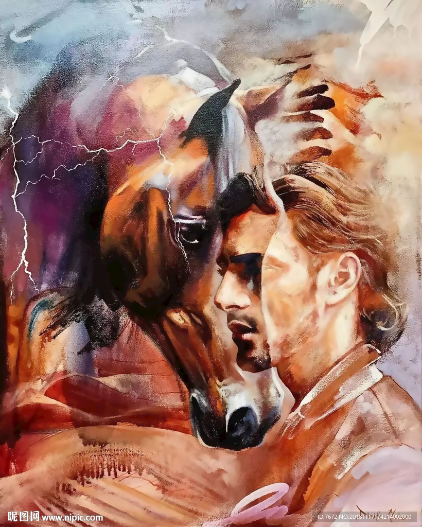 抽象手绘男人与马装饰画玄关