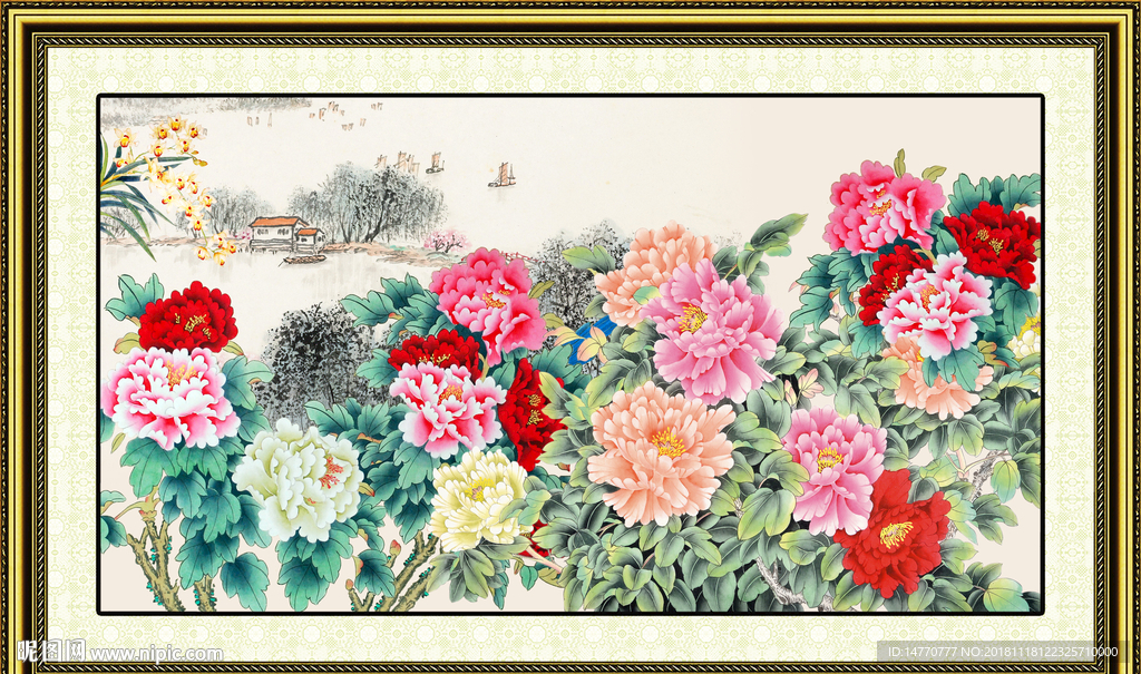 国画牡丹壁画