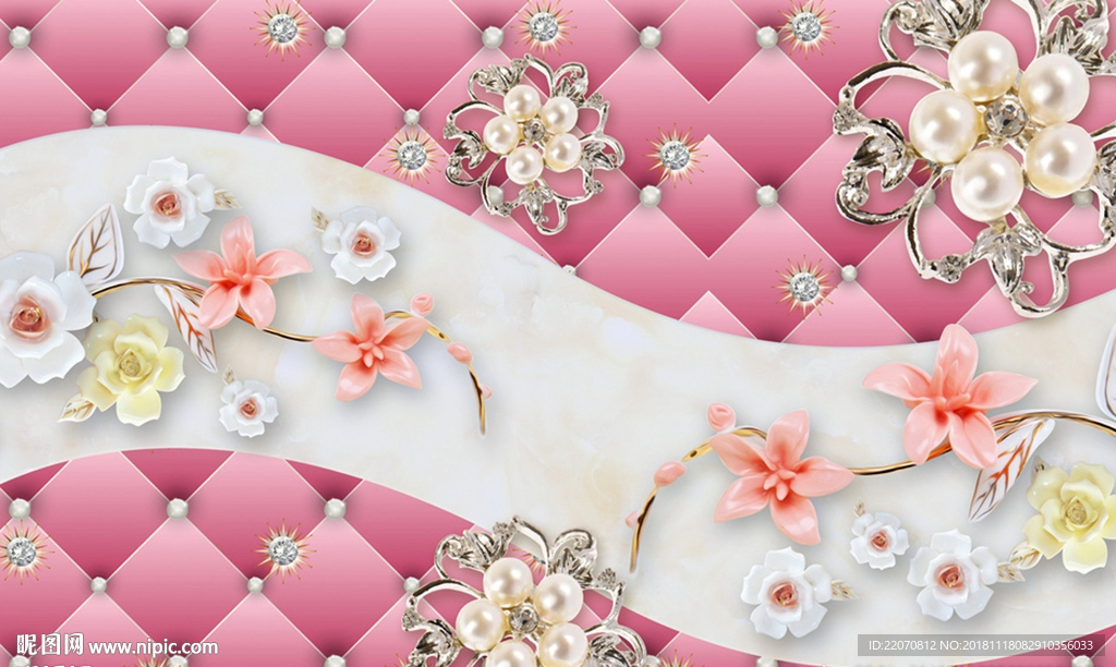 3D粉色珠宝花朵背景墙